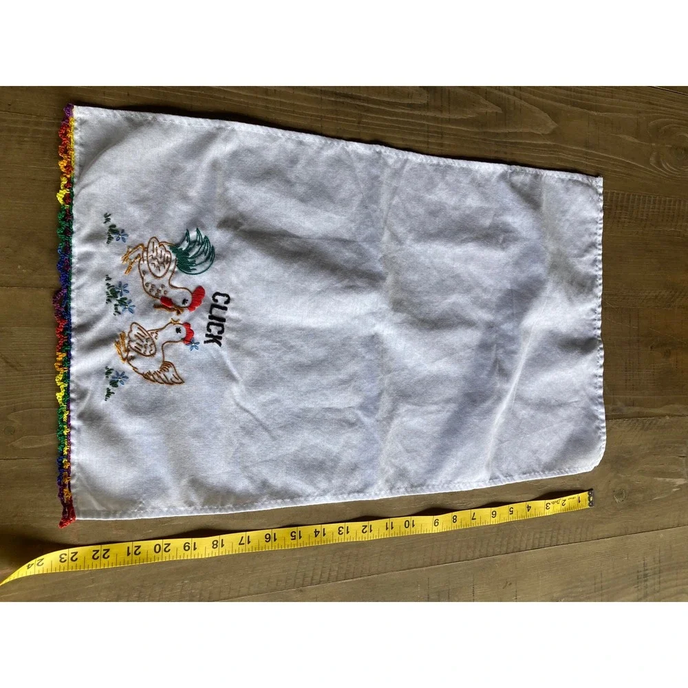 Vintage Hand Embroidered Chicken Tea Towels Set of 2 Rainbow Crochet Trim White